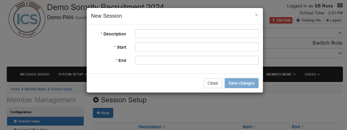 New session setup form on a website.